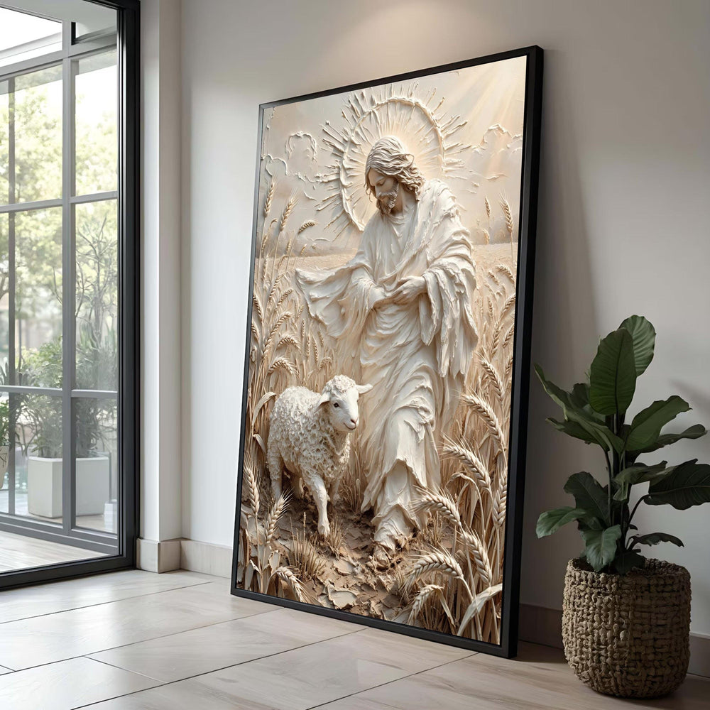 Peaceful Shepherd with Lamb Canvas, Religious Wall Art, Spiritual Home Decor, Wheat Field Scene Canvas, Christian Artwork Luxury Home Decor