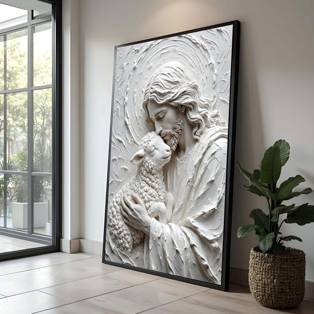 Gentle Shepherd Embrace Canvas, Jesus with Lamb Wall Art, Religious Spiritual Home Decor, Faith Canvas, Inspirational Luxury Home Decor