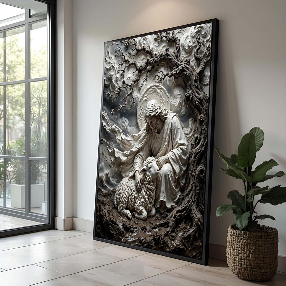 Gentle Shepherd with Lamb Canvas, Religious Wall Art, Spiritual Home Decor, Christian Canvas Painting, Sacred Figure Luxury Home Decor