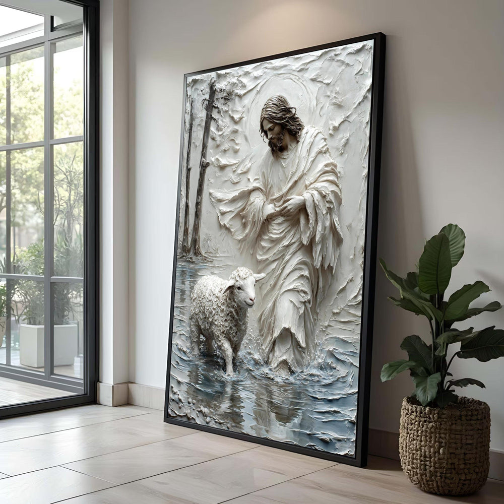 Jesus with Lamb Canvas Wall Art, Religious Christian Decor, Spiritual Shepherd Painting, Faith Inspirational Canvas, Home Luxury Home Decor