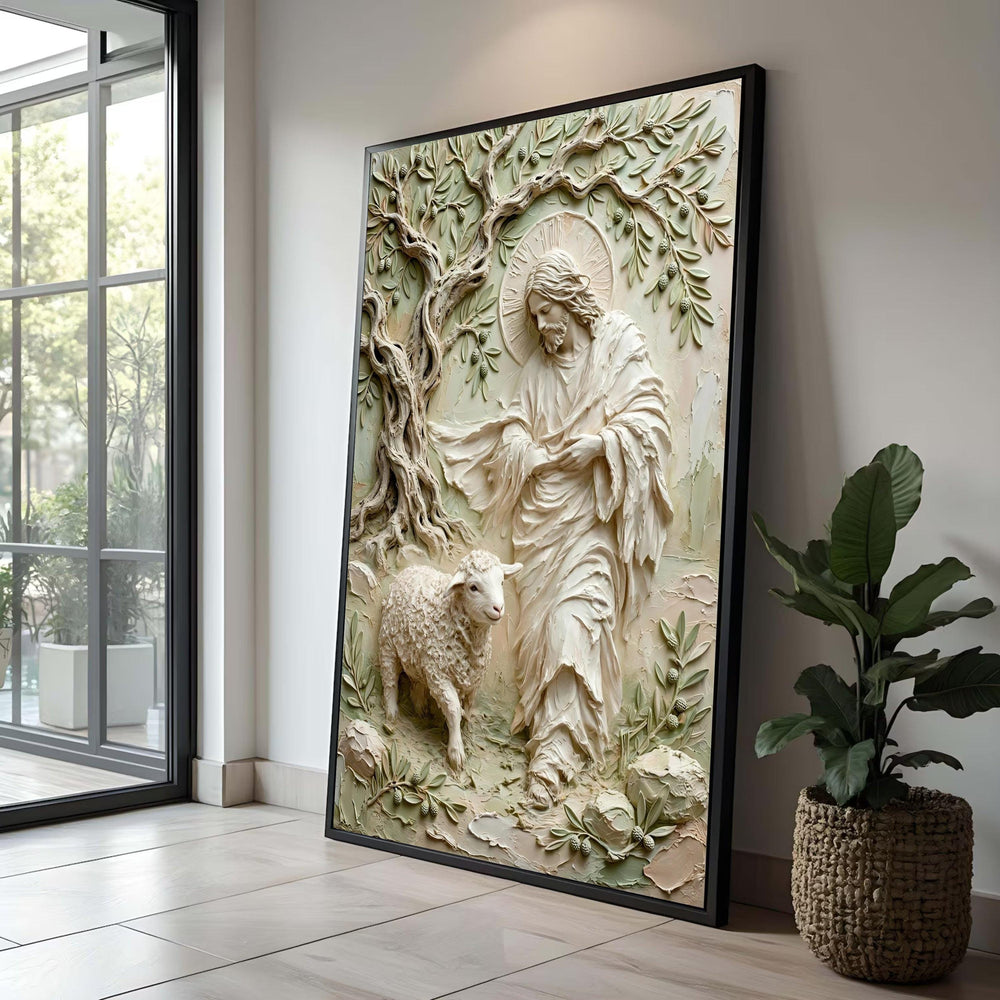 Shepherd with Lamb Canvas Wall Art, Religious Christian Decor, Spiritual Home Decoration, Olive Tree Nature Scene, Luxury Home Decor
