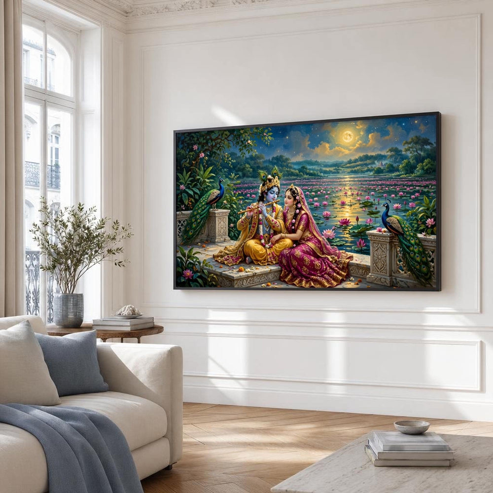 Blue and Pink Krishna and Radha Canvas Wall Art, Romantic