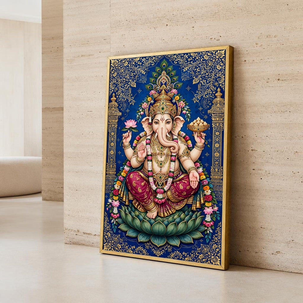 Blue and Gold Ganesha Canvas Wall Art, Floral