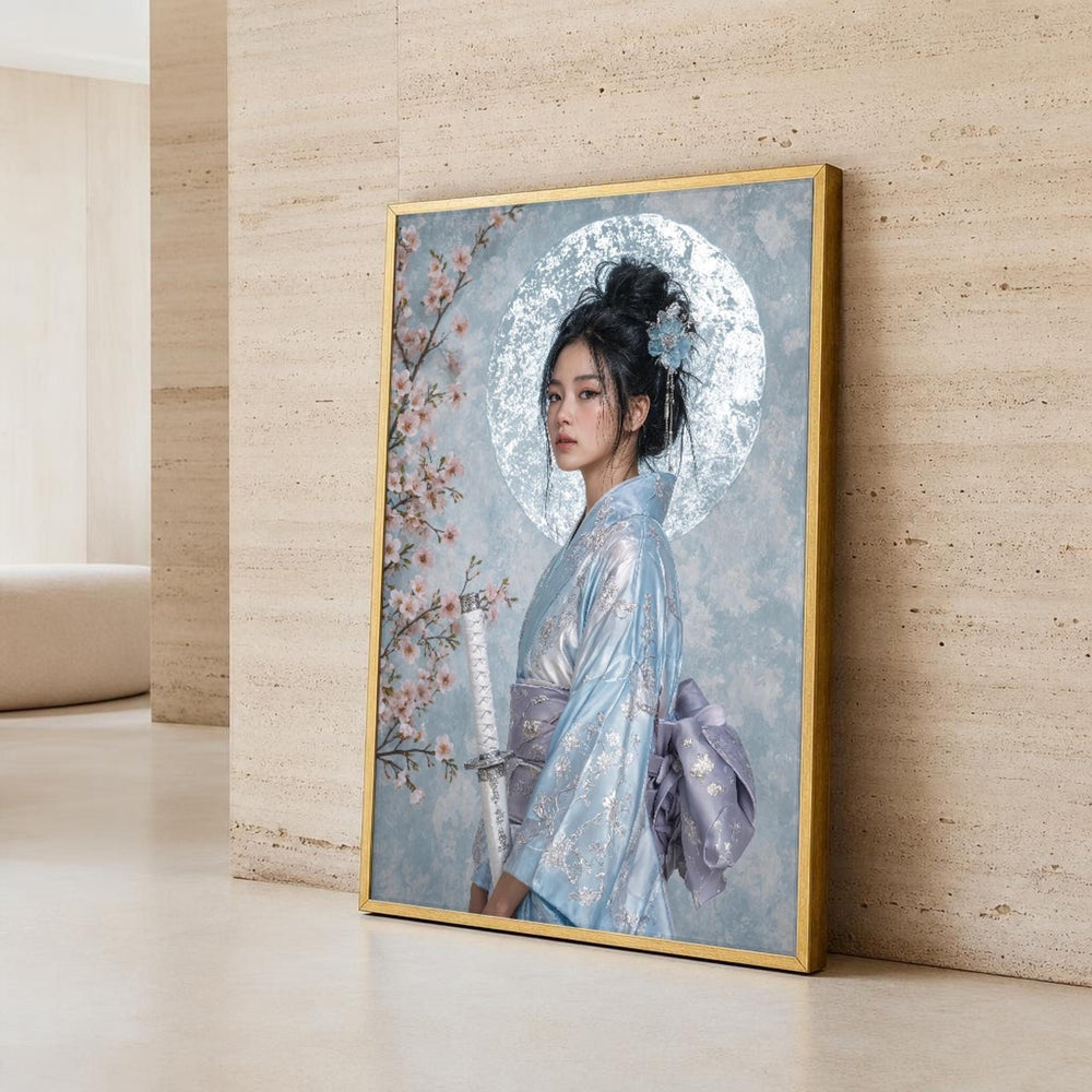 Light Blue Kimono Geisha Canvas Wall Art, Sakura, Flower Hairpin