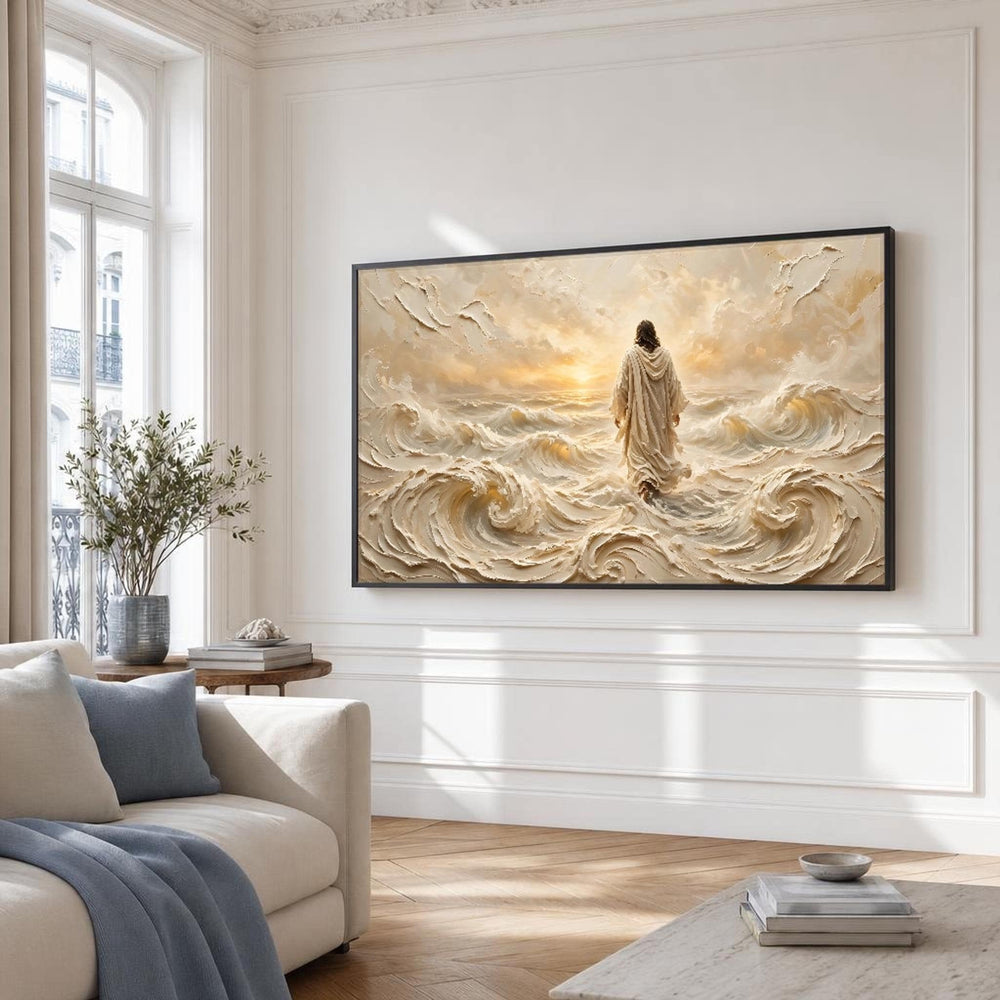 Jesus Walking on Water Canvas Wall Art, Textured Waves