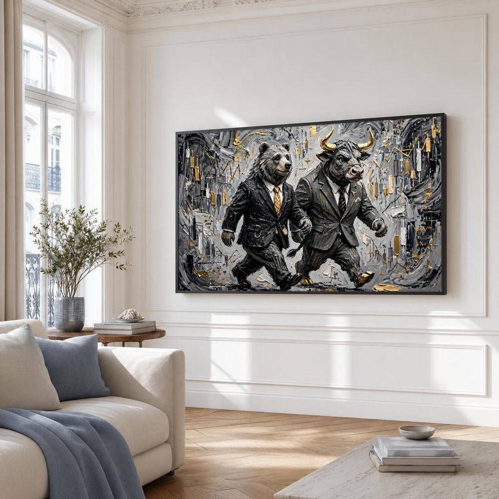 Bear and Bull Figures Canvas Wall Art, Playful, Finance