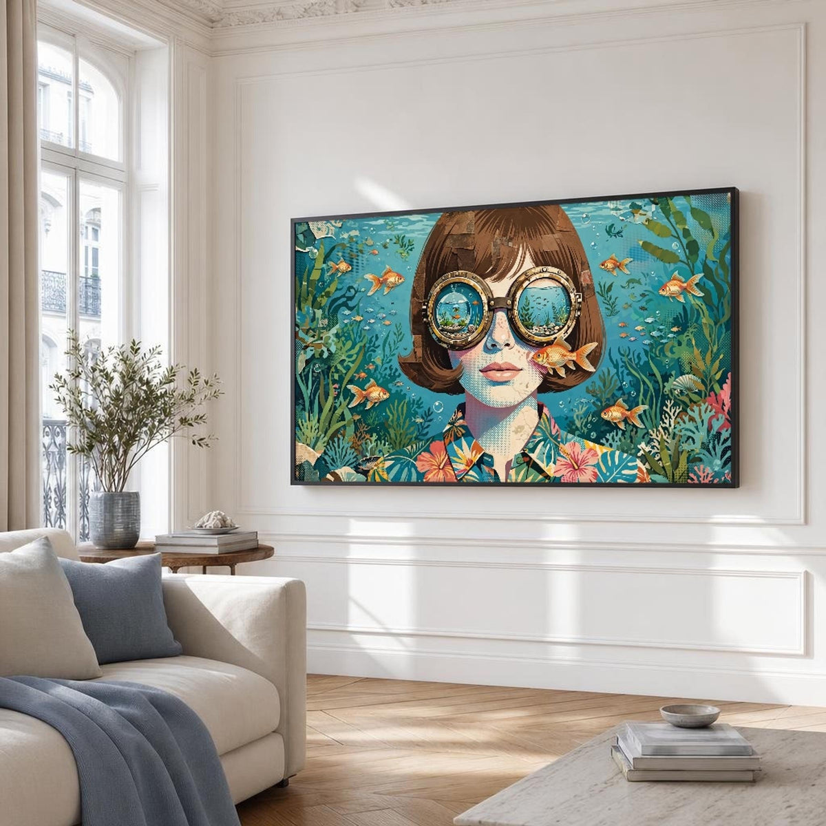 Woman with Glasses Canvas Wall Art, Playful, Underwater Scene