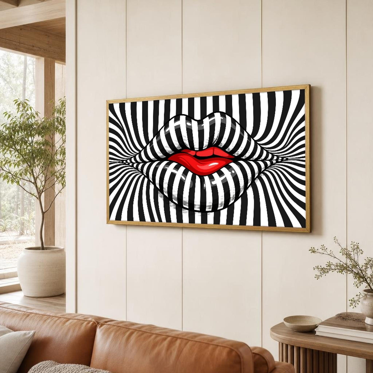 Lips Canvas Wall Art, Stripes, Bold Red Lips