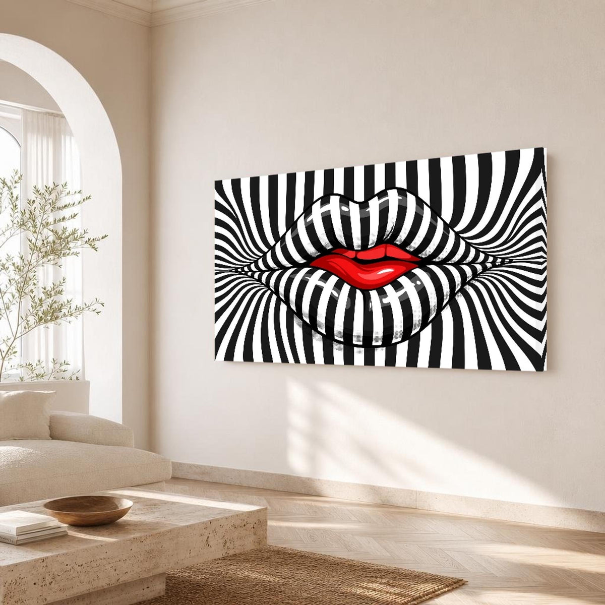 Lips Canvas Wall Art, Stripes, Bold Red Lips