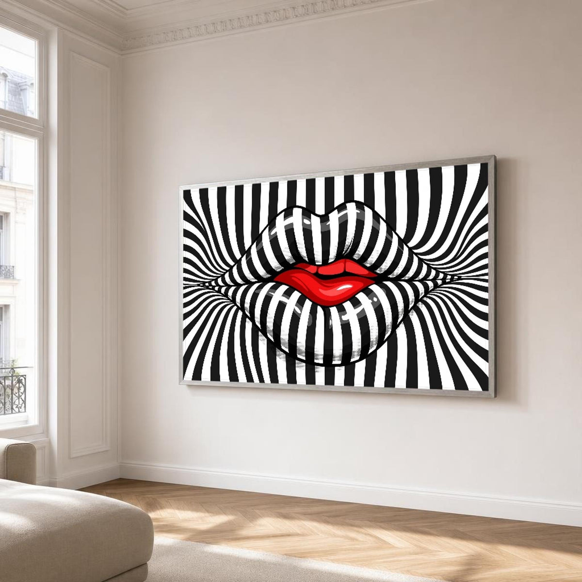 Lips Canvas Wall Art, Stripes, Bold Red Lips