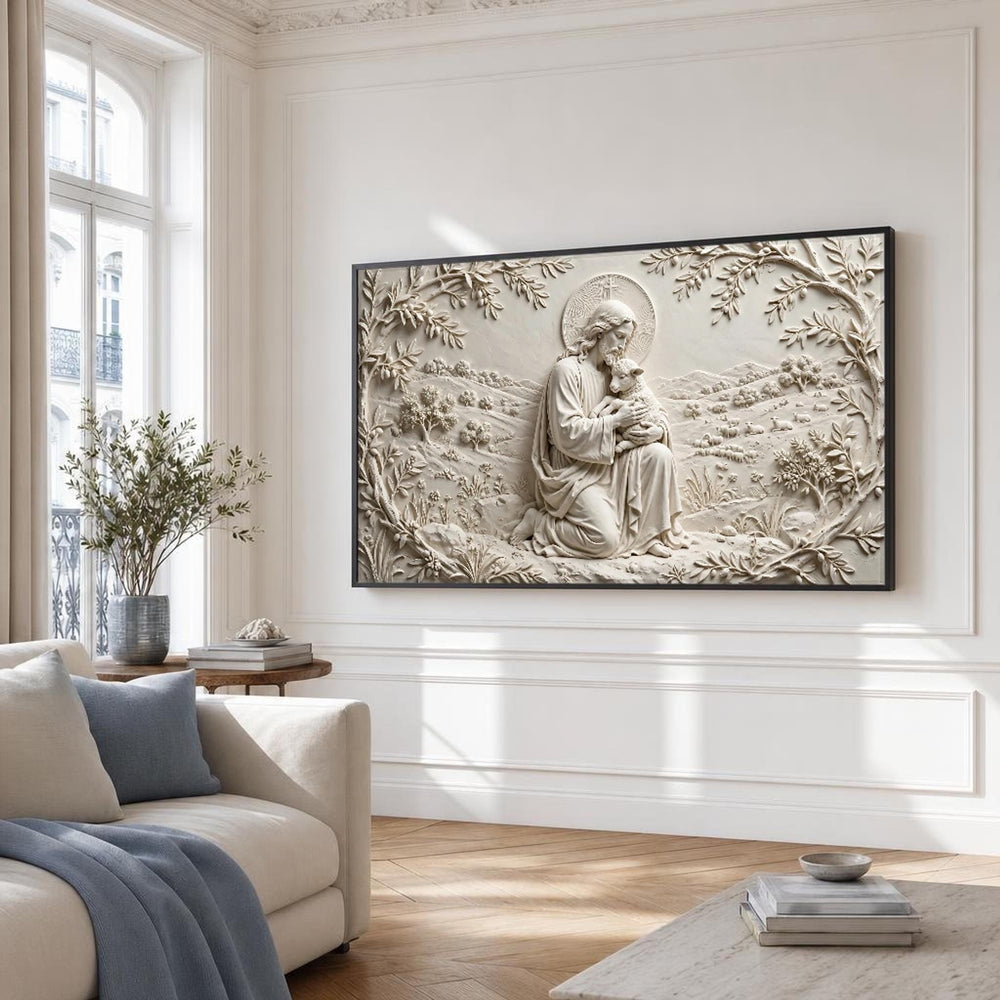Cream and Light Beige Jesus with Lamb Canvas Wall Art, Serene