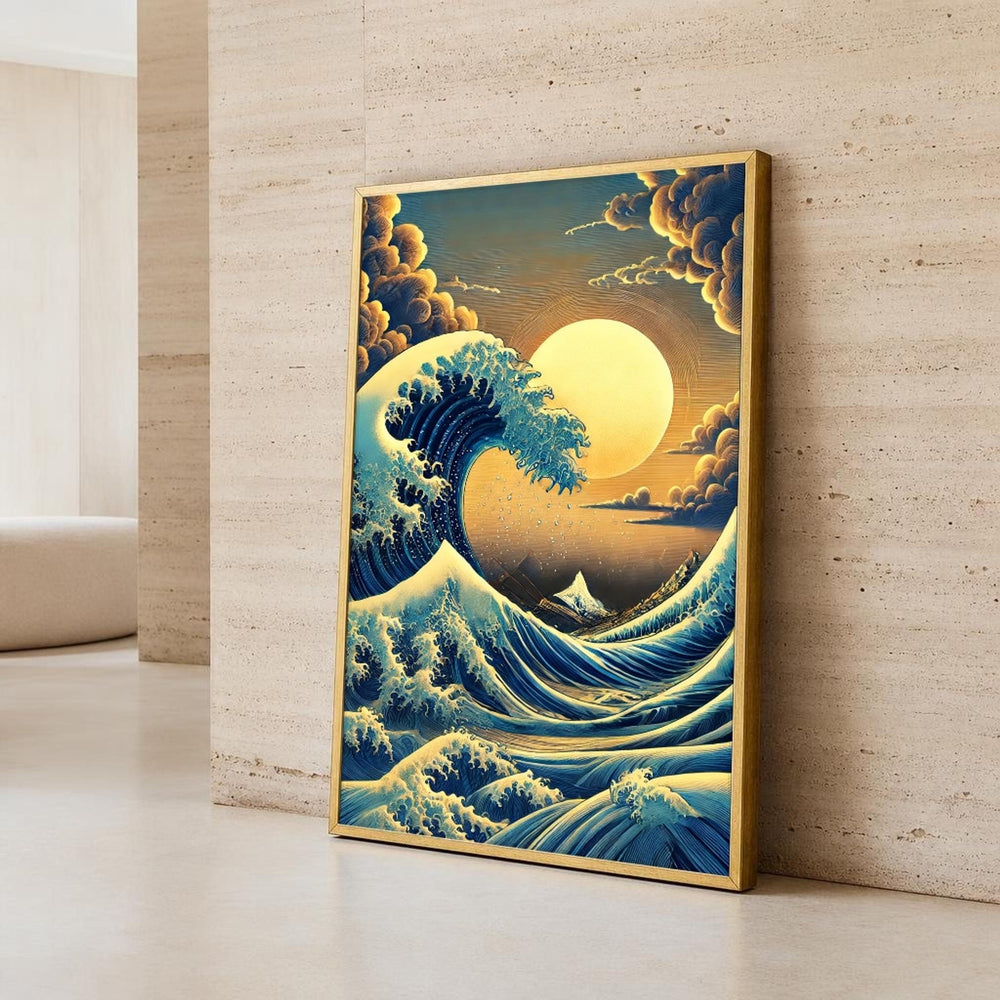 Blue and Gold Ocean Wave Canvas Wall Art, Sun