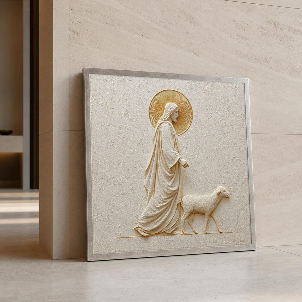 Cream and Gold Jesus with Lamb Canvas Wall Art, Textured Surface