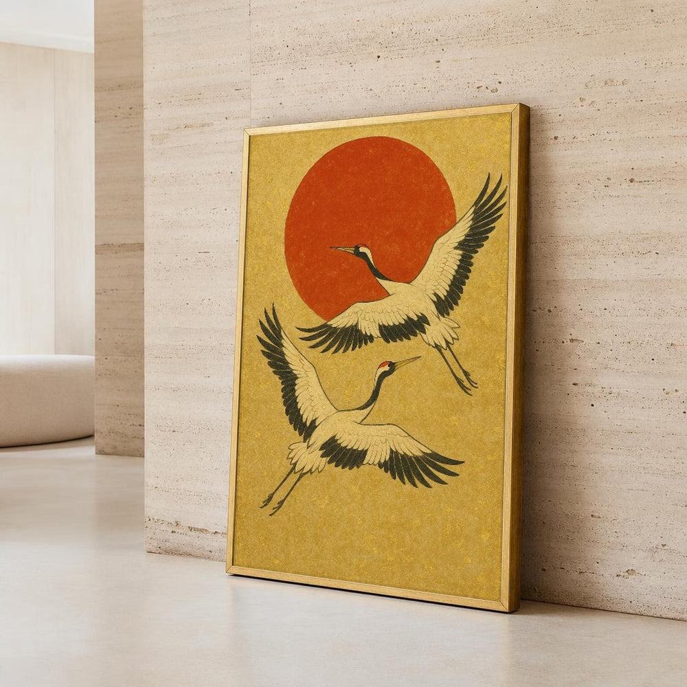 Cranes Flying Canvas Wall Art, Traditional, Gold Background