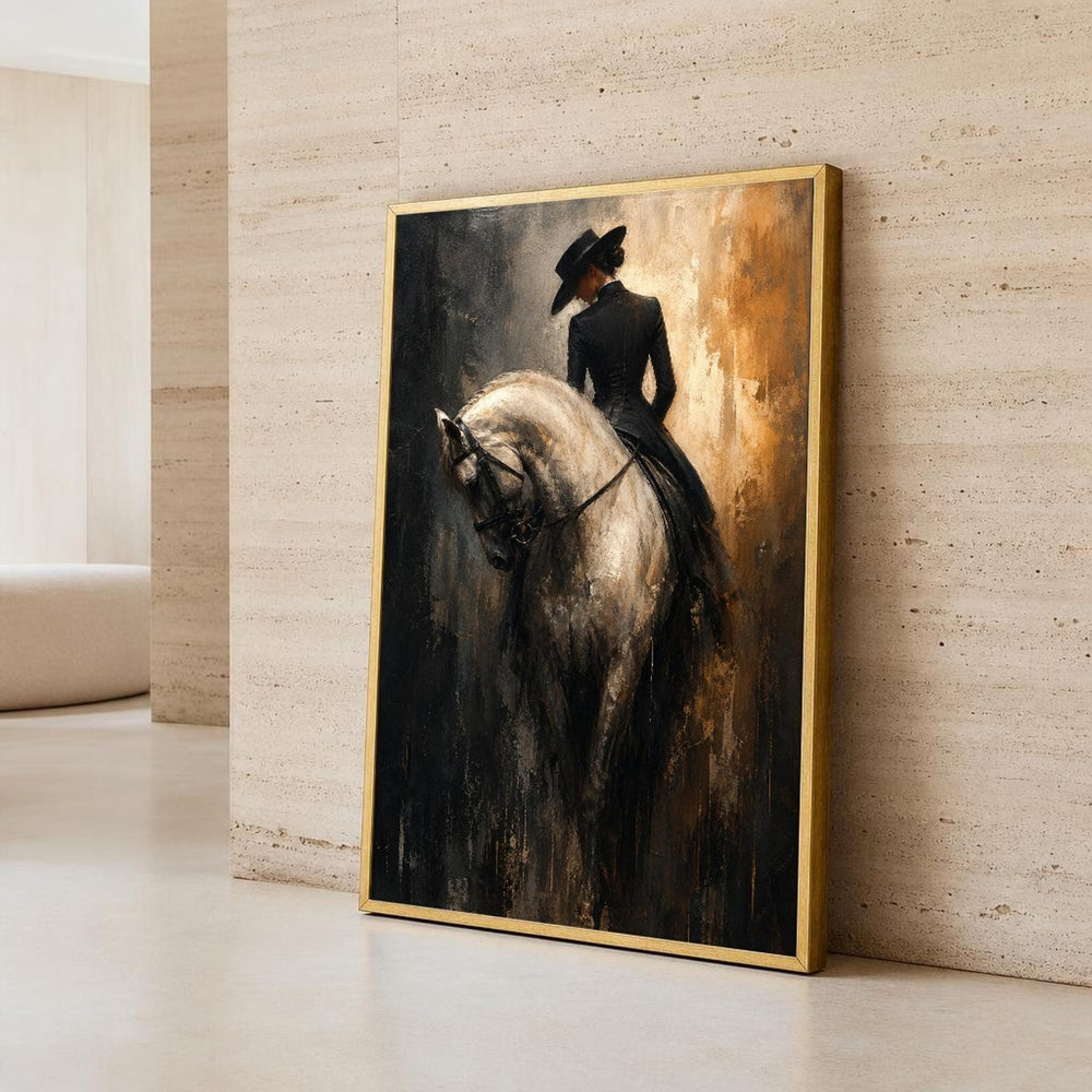 Gray and Gold Victorian Woman on Horse Canvas Wall Art, Elegant