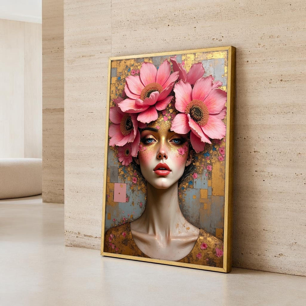 Woman with Flowers Canvas Wall Art, Floral, Large Pink Flowers