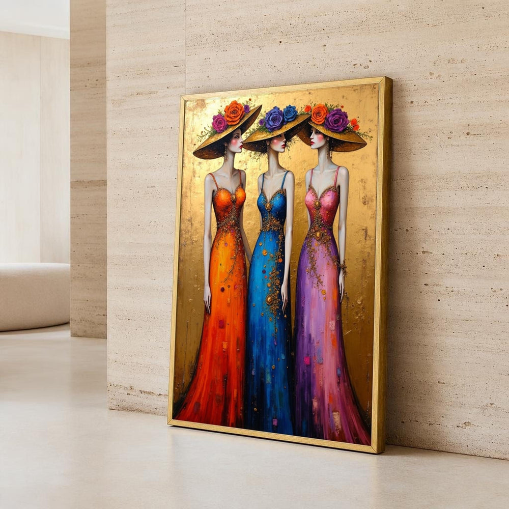 Three Women in Dresses Canvas Wall Art, Fashion, Three Figures