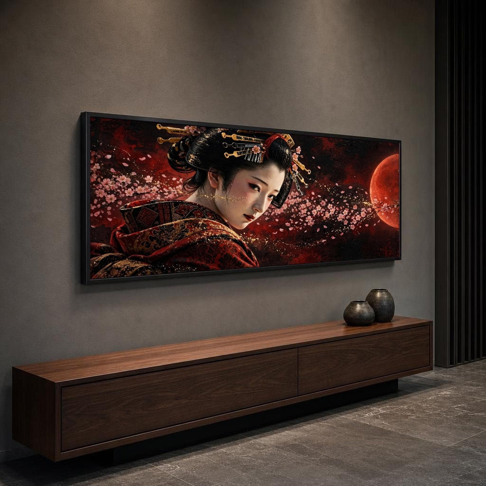 Red and Black Kimono Geisha Canvas Wall Art, Dramatic, Geisha Attire