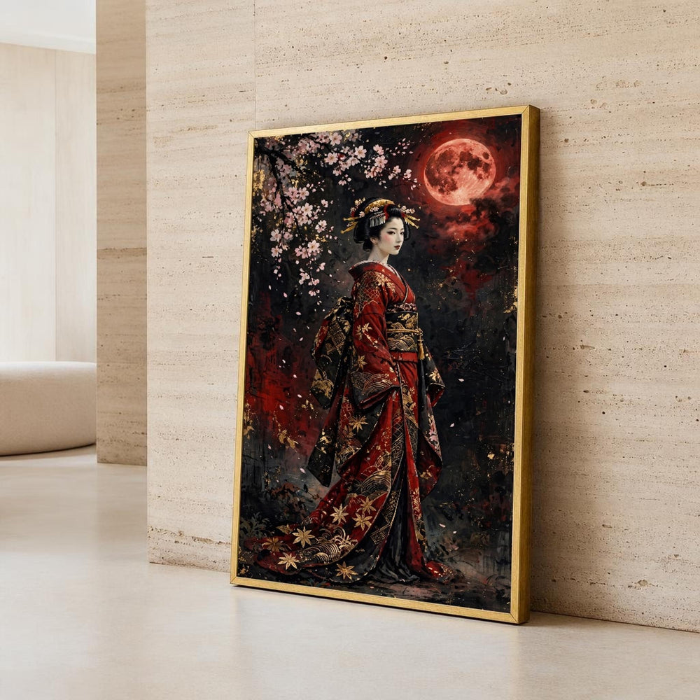 Japanese Geisha Canvas Wall Art, Elegant, Cherry Blossoms