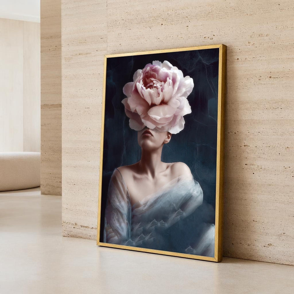 Pink and Blue Woman with Flower Head Canvas Wall Art, Floral