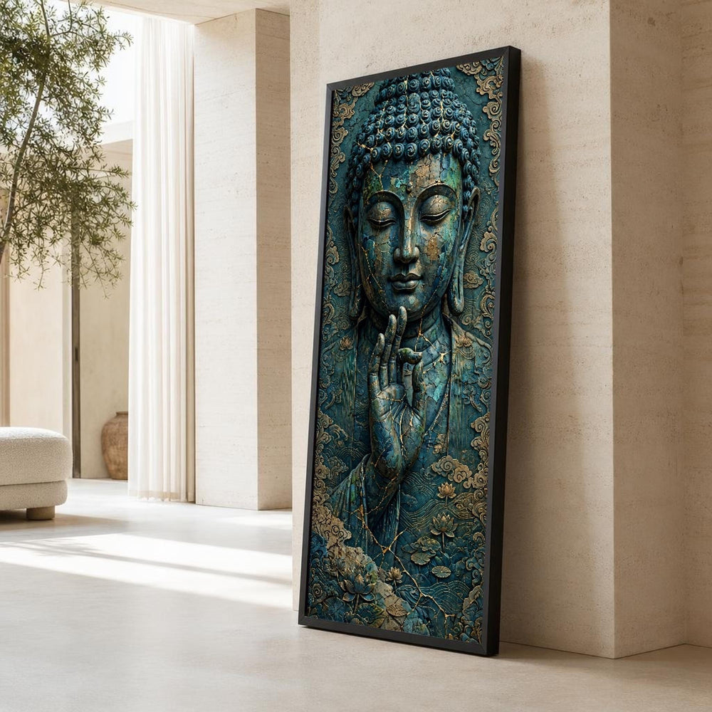 Teal and Gold Buddha Canvas Wall Art, Serene, Textured Surface
