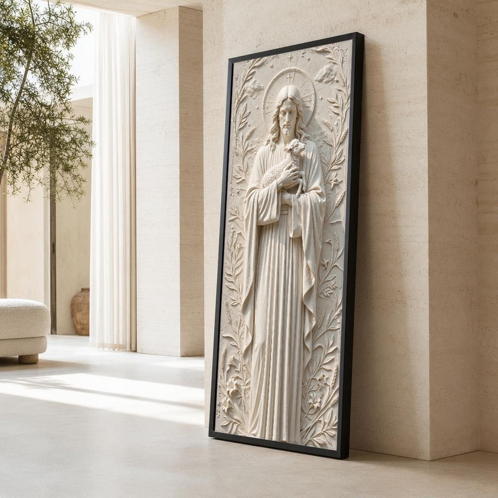 Cream and None Jesus Christ Canvas Wall Art, Sheep, Sculptural Relief