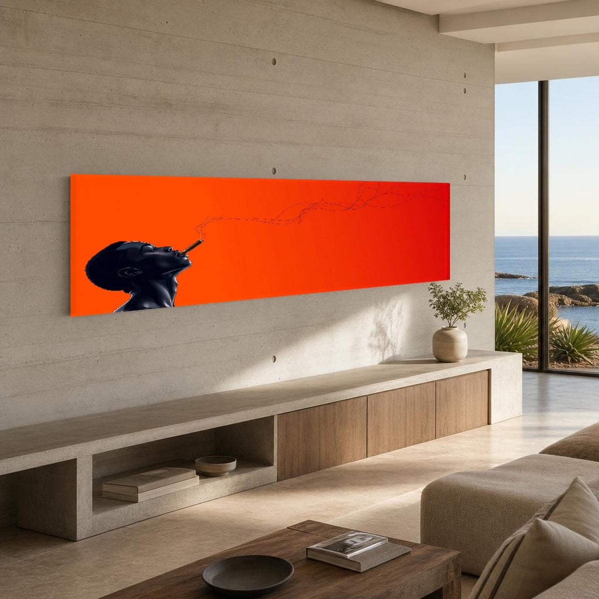 Orange and Black Profile of a Person Smoking Canvas Wall Art, Smoke