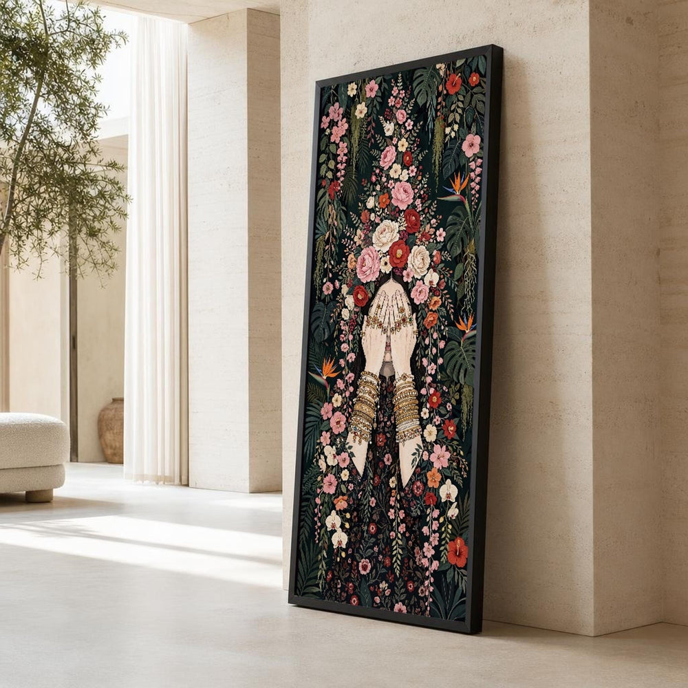Dark Floral Woman Portrait Canvas Wall Art, Vibrant Botanical Print