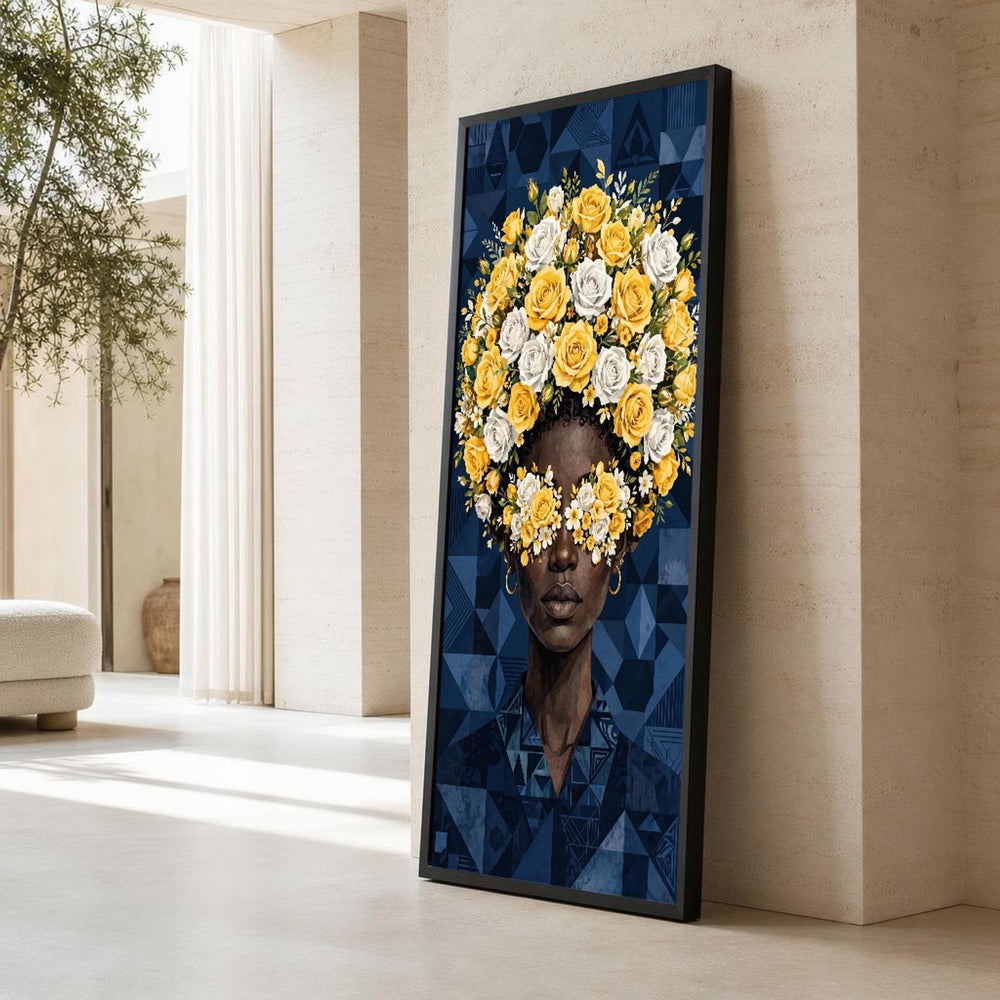 Floral Woman Portrait Canvas Wall Art, Dark Floral Arrangement, Vibrant Art