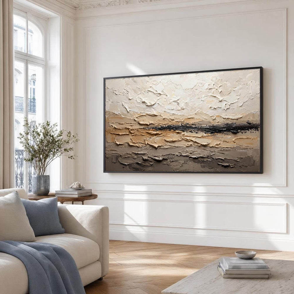 Beige and Black Abstract Landscape Canvas Wall Art, Neutral Tones Minimalist, Textured