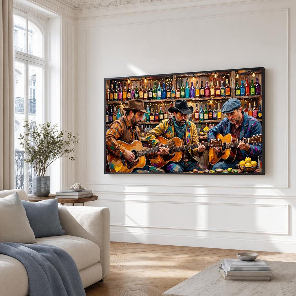 Three Musicians Canvas Wall Art, Vibrant Guitar Players, Bar Scene Print