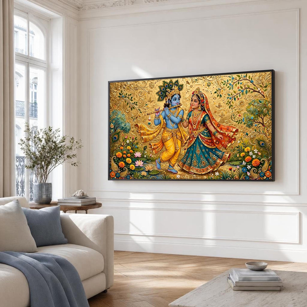 Blue and Gold Krishna and Radha Canvas Wall Art, Vibrant, Floral