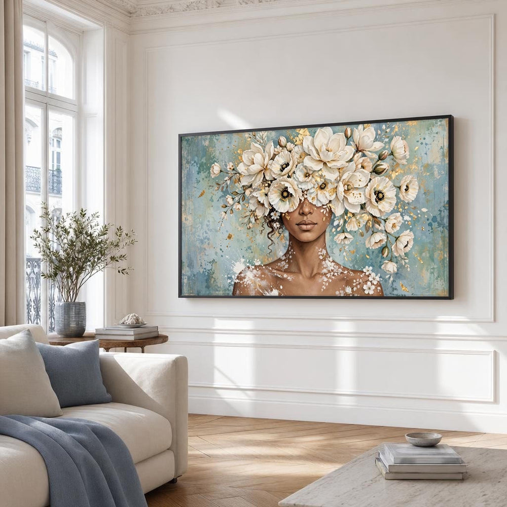 Woman with Floral Headdress Canvas Wall Art, Soft and Ethereal