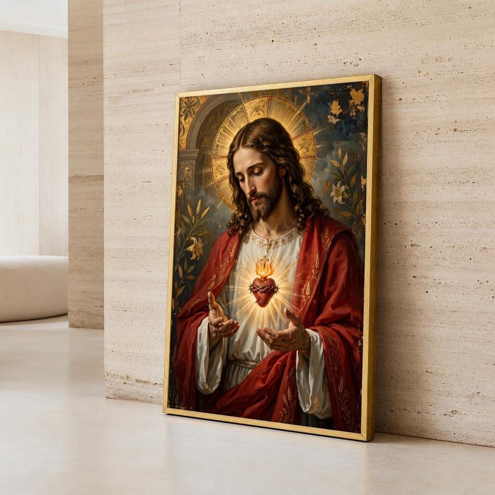 Red and Gold Jesus Christ Canvas Wall Art, Jesus with Long Hair