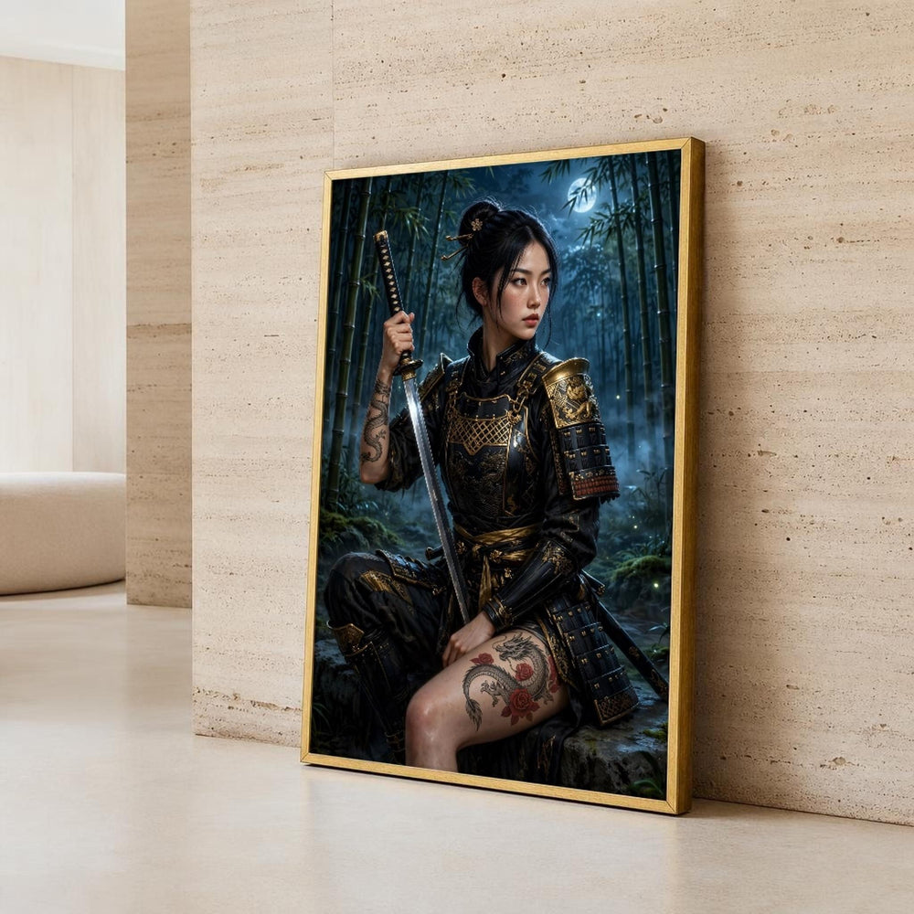 Black and Gold Samurai Warrior Canvas Wall Art, Bamboo Background