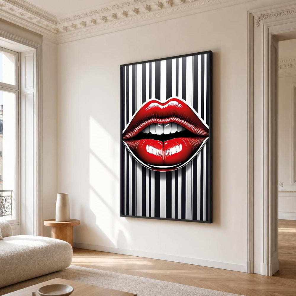 Red Black Lips Canvas Wall Art, Glossy Pop Art Print