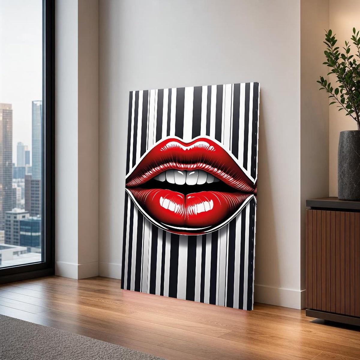 Red Black Lips Canvas Wall Art, Glossy Pop Art Print