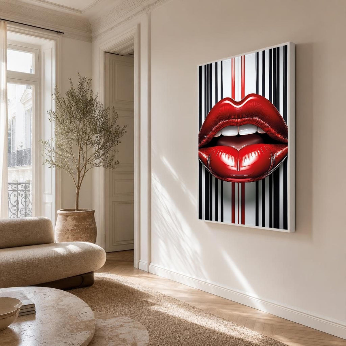 Lips Canvas Wall Art, Stripes, Glossy Finish
