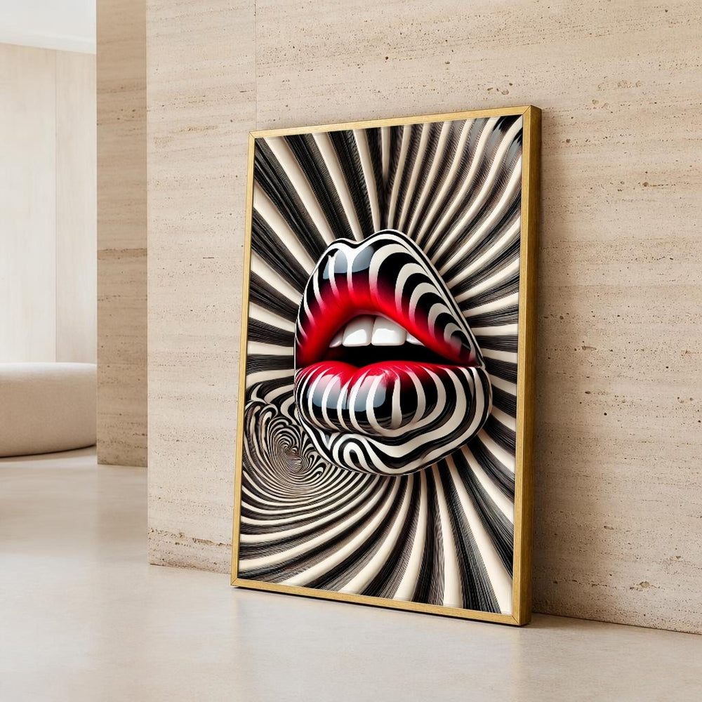 Black and Red Lips Canvas Wall Art, Zebra Stripes