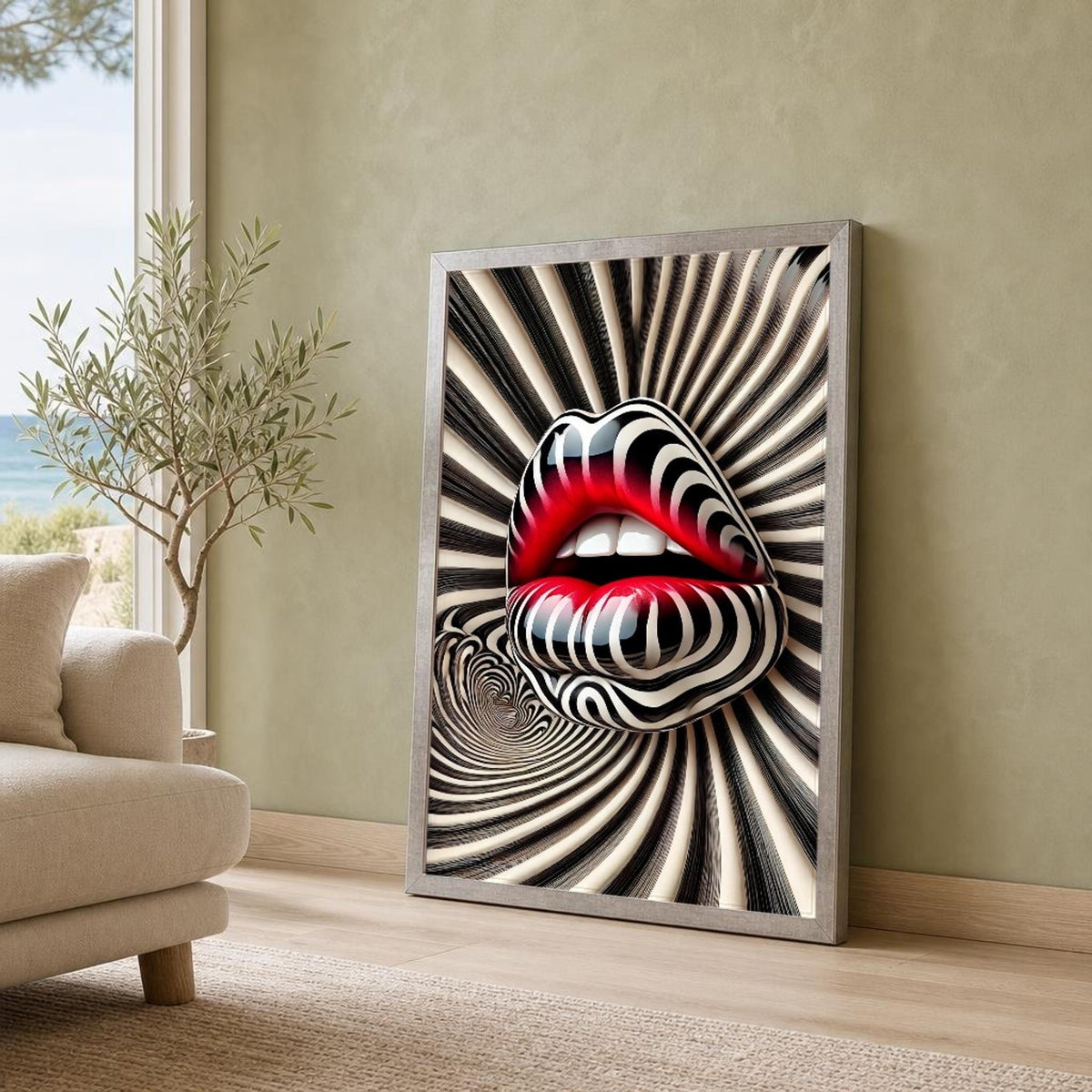 Black and Red Lips Canvas Wall Art, Zebra Stripes