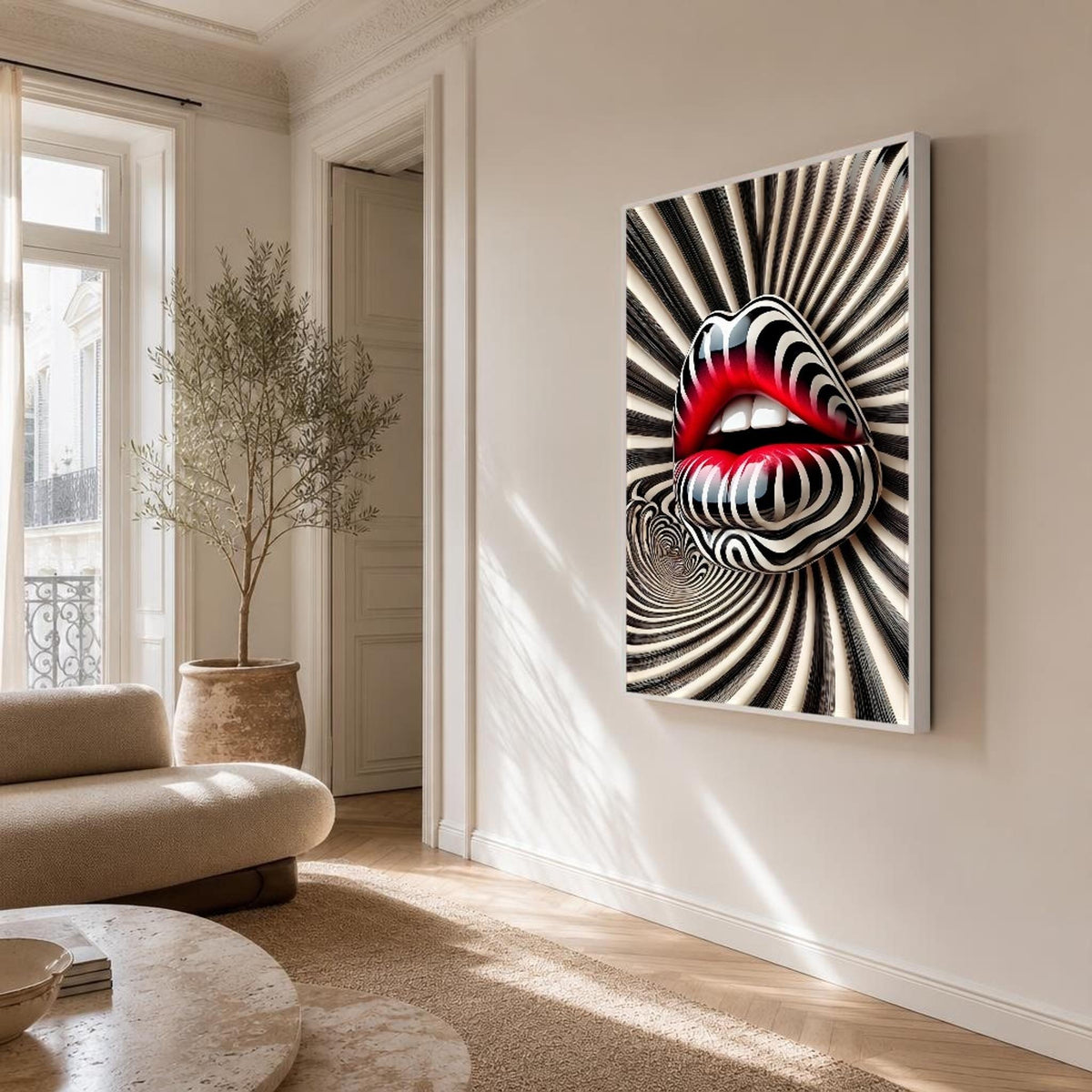 Black and Red Lips Canvas Wall Art, Zebra Stripes