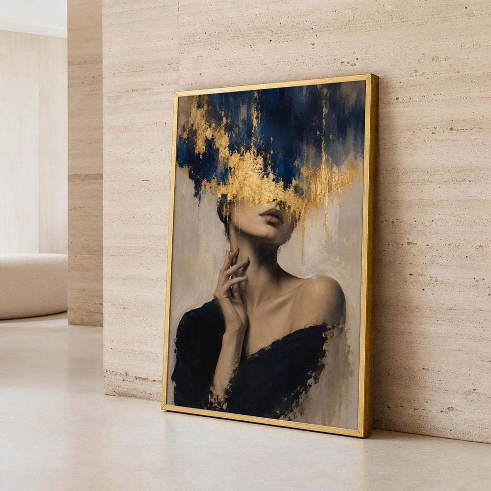 Gold and Dark Blue Female Portrait Canvas Wall Art, Abstract