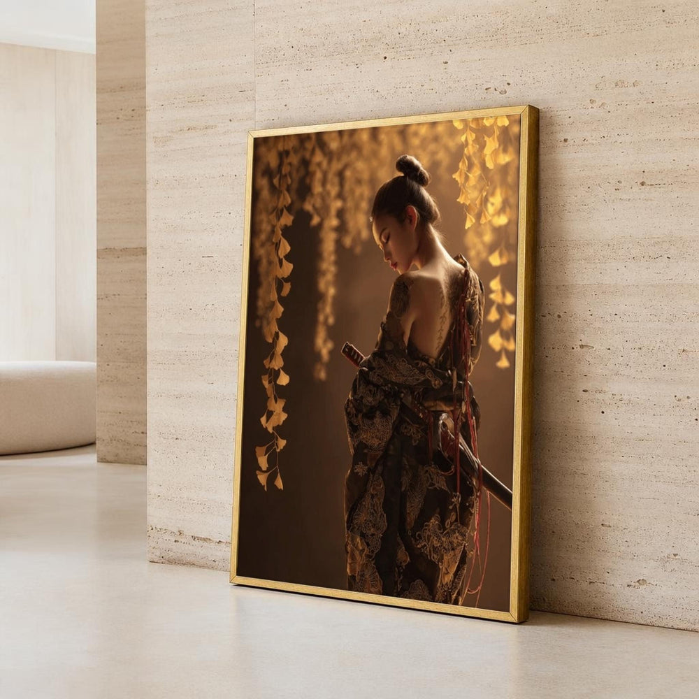 Gold Samurai Woman Canvas Wall Art, Hanging Leaves