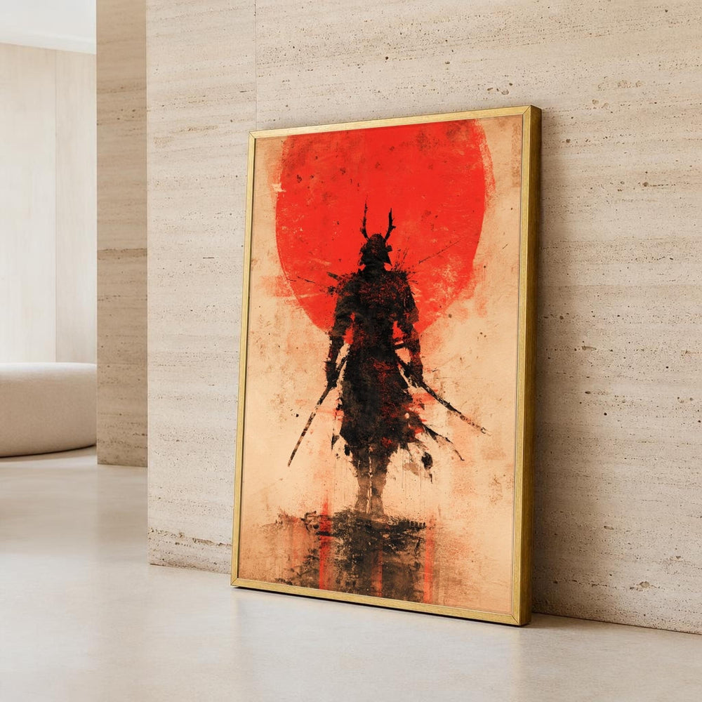 Red and Beige Samurai Warrior Canvas Wall Art, Dramatic, Silhouette