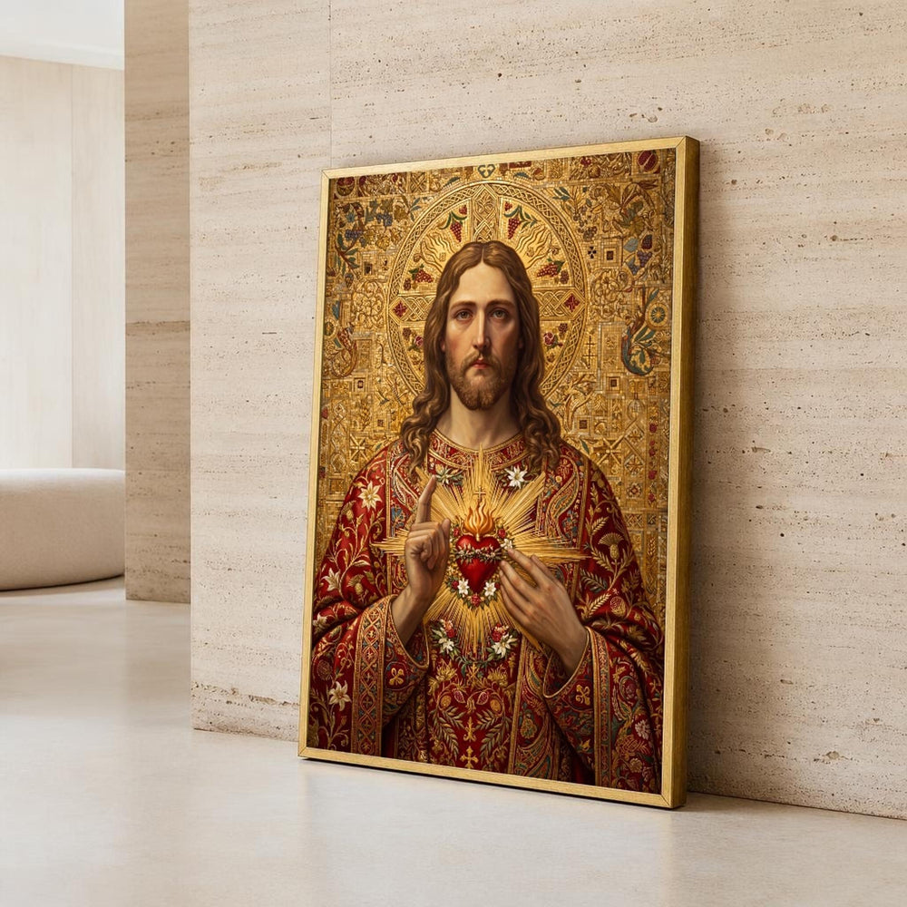 Gold and Red Jesus Christ Canvas Wall Art, Golden Background, Christian Sacred