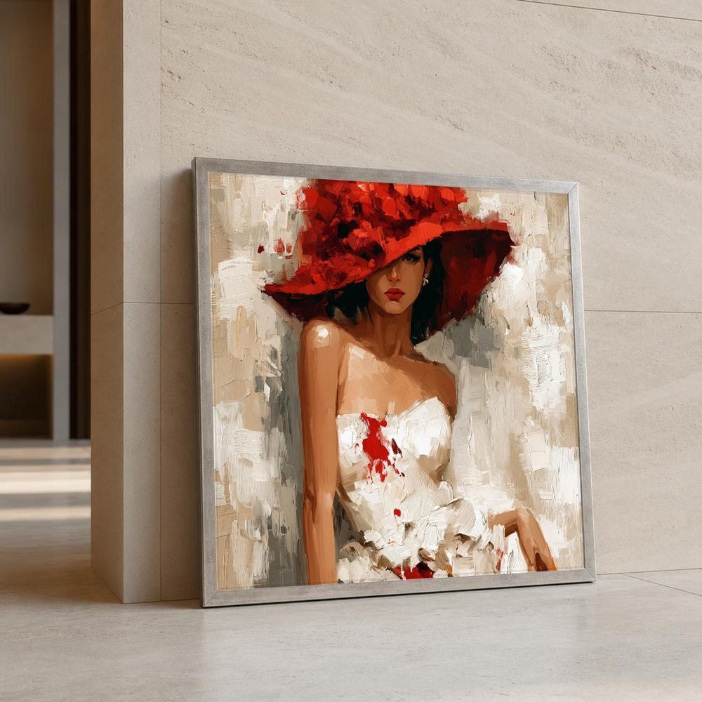 Red and Beige Floral Woman Portrait Canvas Wall Art, Expressive, Floral Hat