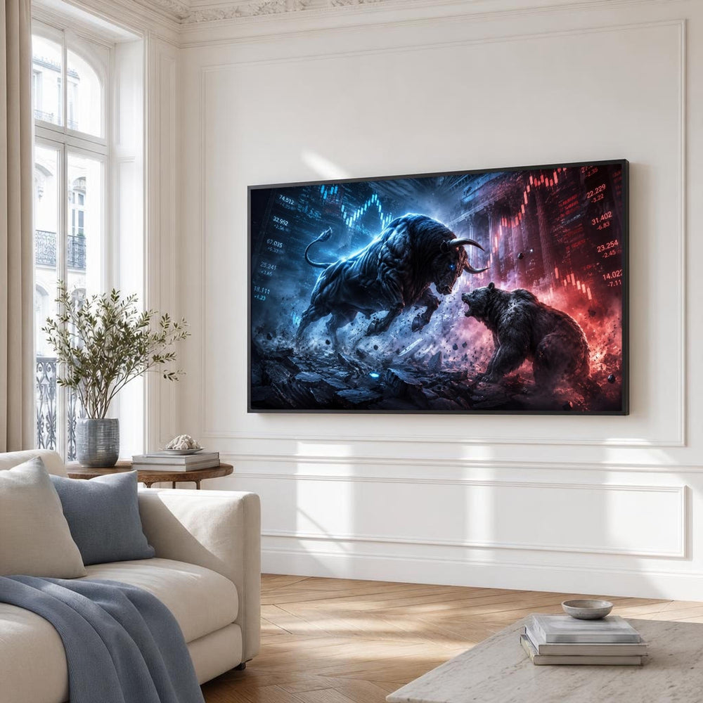 Blue and Red Bull and Bear Canvas Wall Art, Financial Market