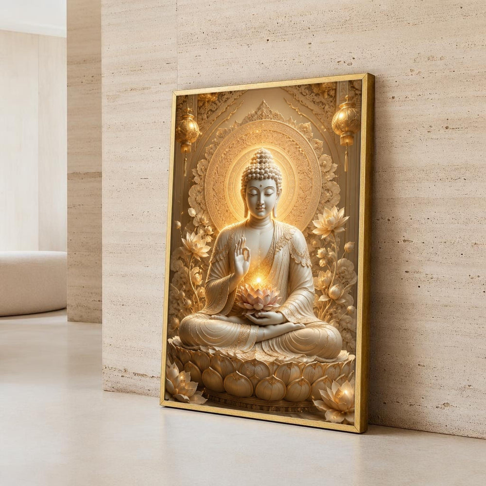 Gold and White Buddha Canvas Wall Art, Lotus