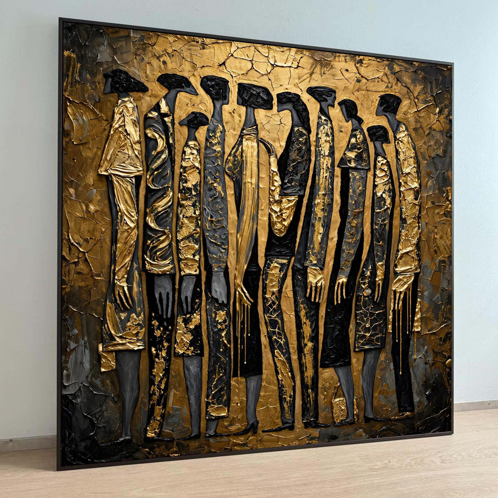Elegant Black and Gold Abstract People Canvas, Modern Figurative Wall Art, Contemporary Group Portrait Design, Rich Luxury Home Decor