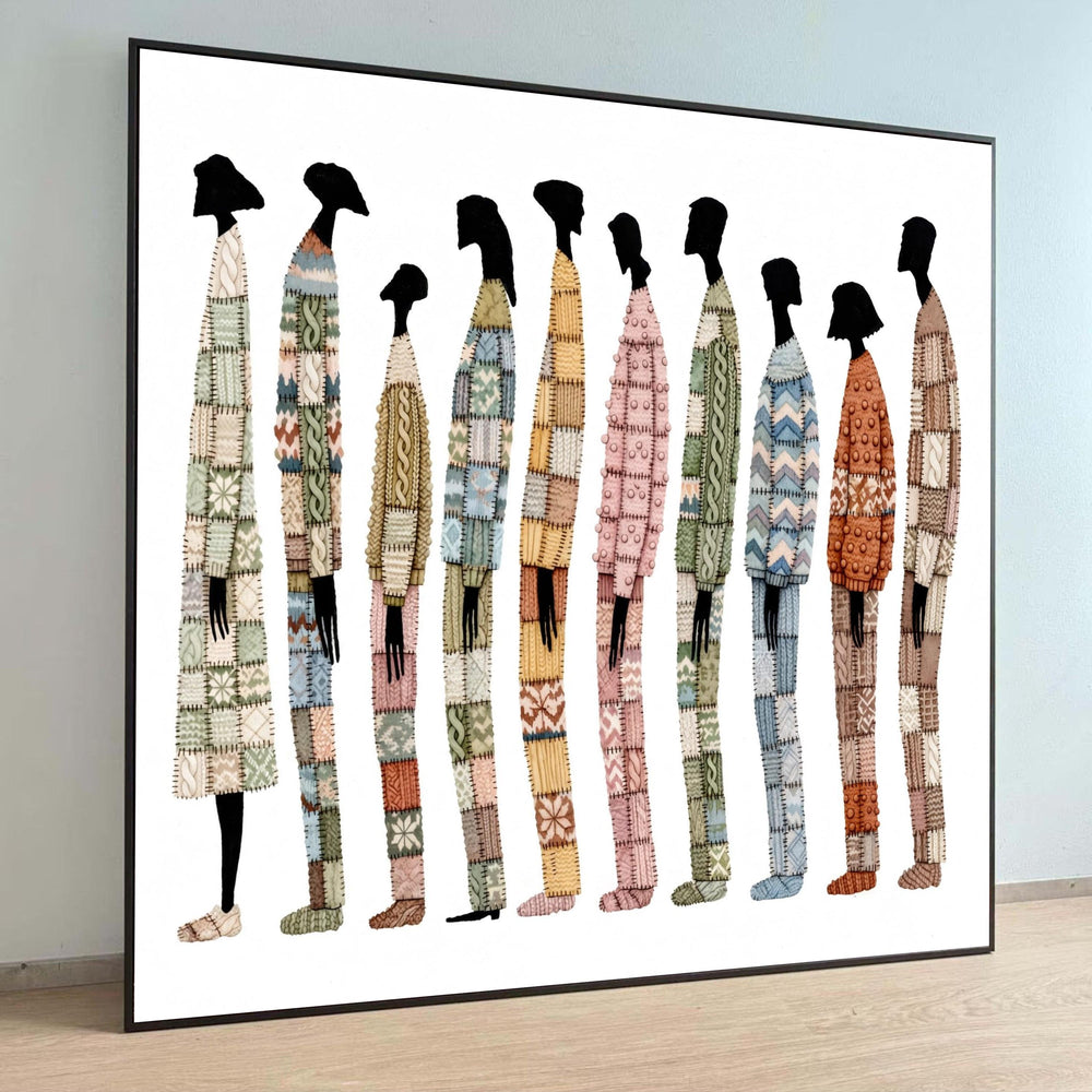 Abstract Group Silhouettes, Colorful Patterned Clothing Canvas, Modern Figurative Wall Art, Contemporary Home Decoration, Luxury Home Decor